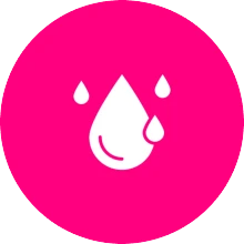 Smiling water droplet icon on pink background.