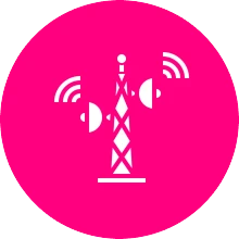 Broadcast tower icon on pink background.